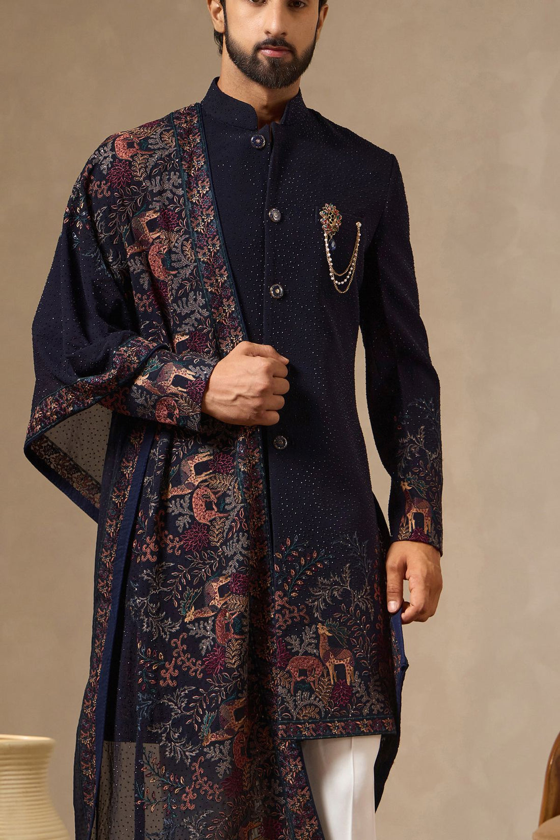 Navy Blue Embroidered Sherwani Set for Men with All-Over Stone Work & Heavy Embroidered Dupatta