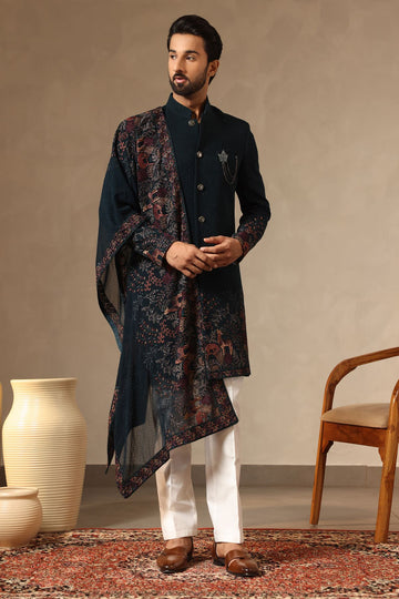 Rama Green Embroidered Sherwani Set for Men with All-Over Stone Work & Heavy Embroidered Dupatta