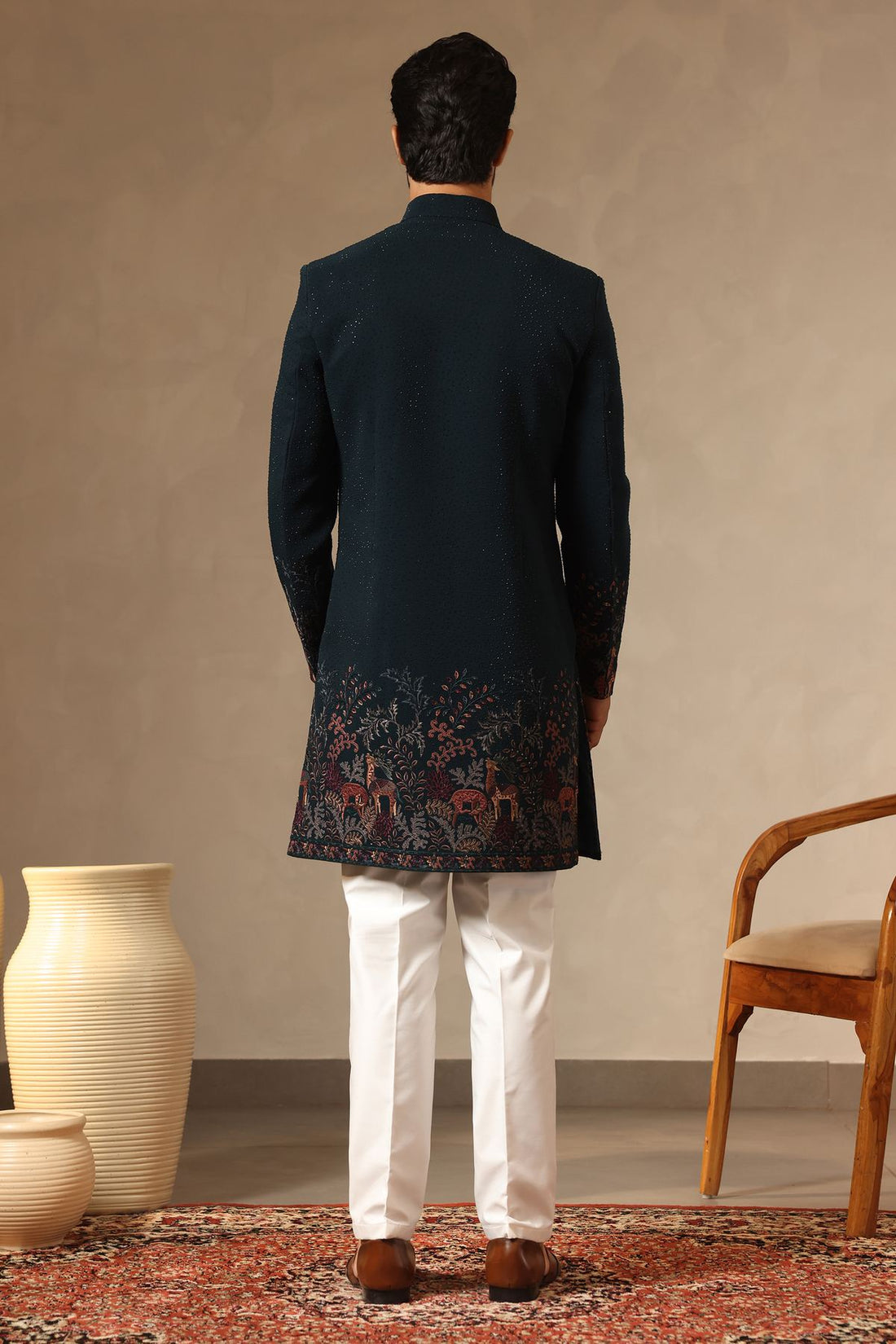 Rama Green Embroidered Sherwani Set for Men with All-Over Stone Work & Heavy Embroidered Dupatta