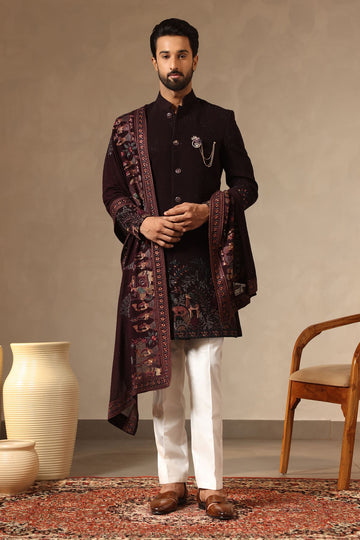 Wine Embroidered Sherwani Set for Men with All-Over Stone Work & Heavy Embroidered Dupatta