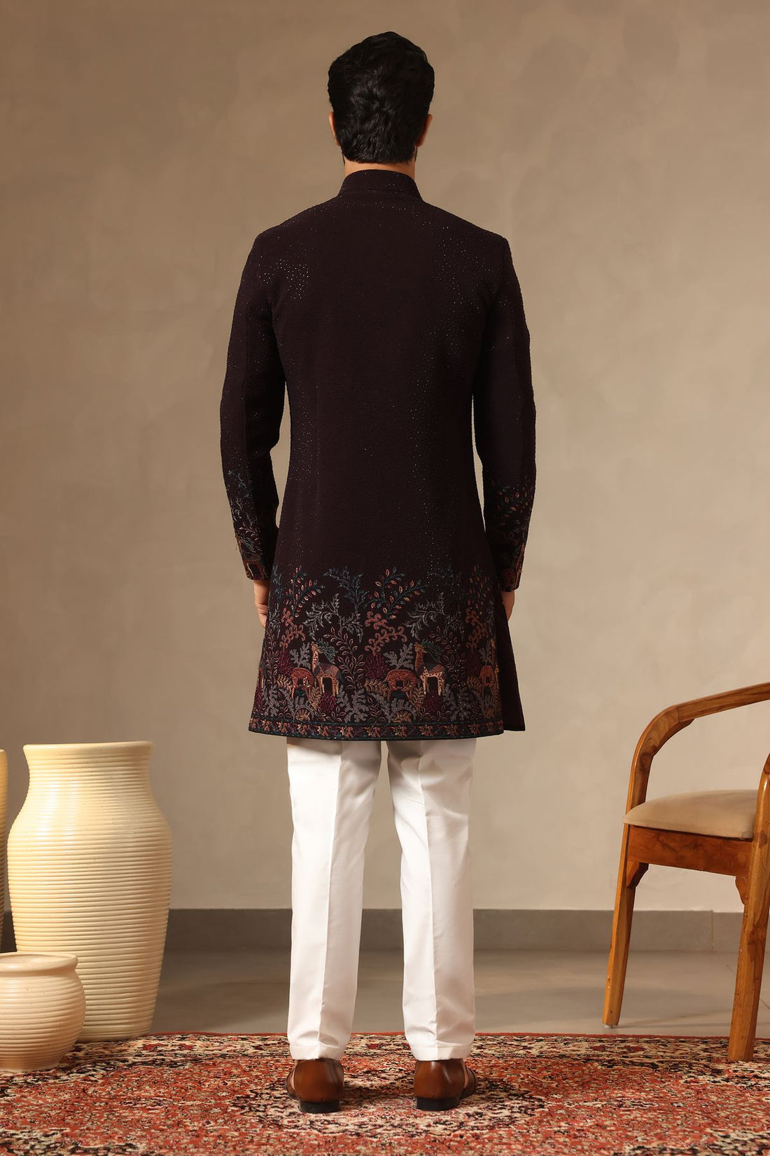 Wine Embroidered Sherwani Set for Men with All-Over Stone Work & Heavy Embroidered Dupatta