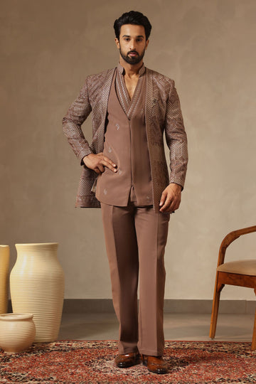Brown Embroidered  Front Open Jacket paired with Waist Coat and draped Kurta Set for Men