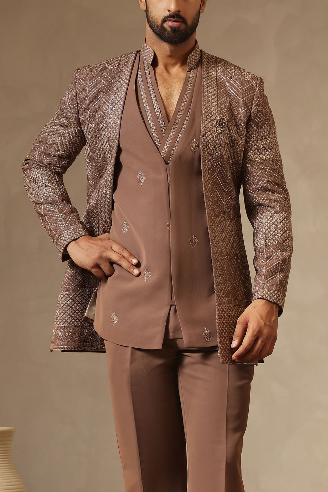 Brown Embroidered  Front Open Jacket paired with Waist Coat and draped Kurta Set for Men