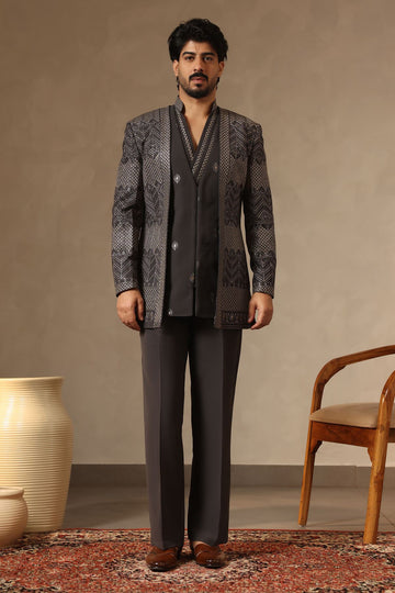 Grey Embroidered  Front Open Jacket paired with Waist Coat and draped Kurta Set for Men
