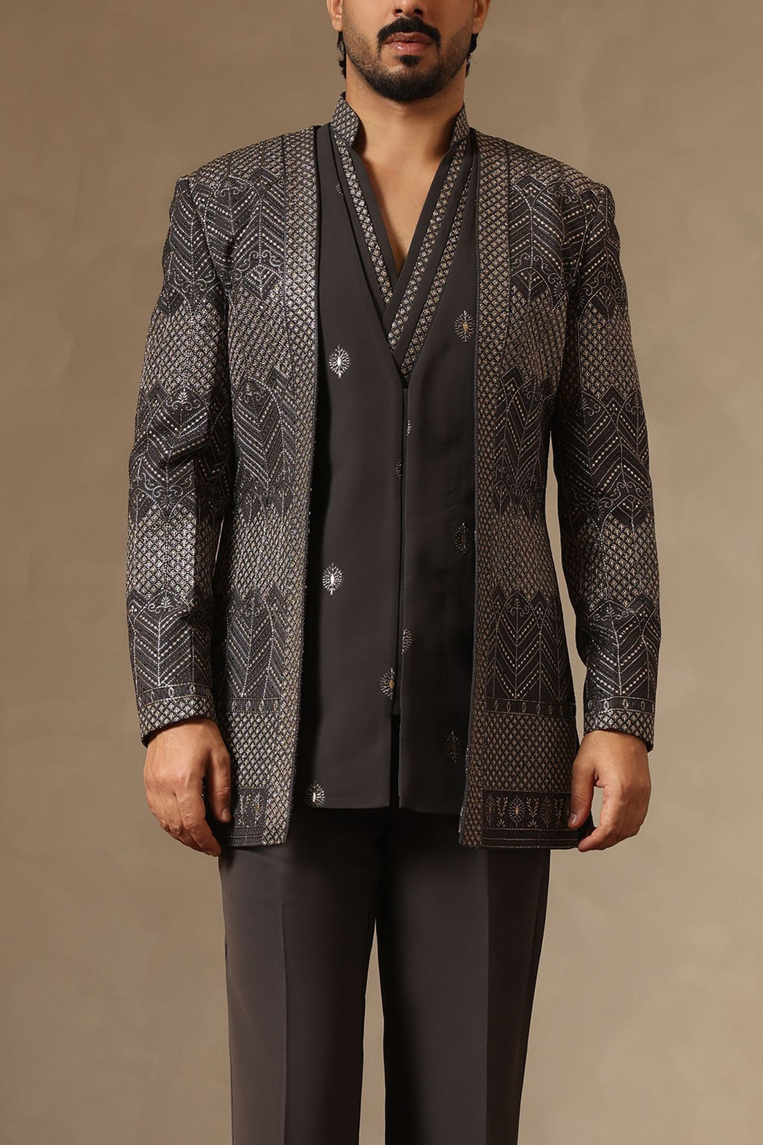 Grey Embroidered  Front Open Jacket paired with Waist Coat and draped Kurta Set for Men