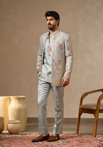 Sky Blue Four Piece Embroidered Ethnic Set for Men with Beaded Jacket, Short Kurta & Bootcut Trousers