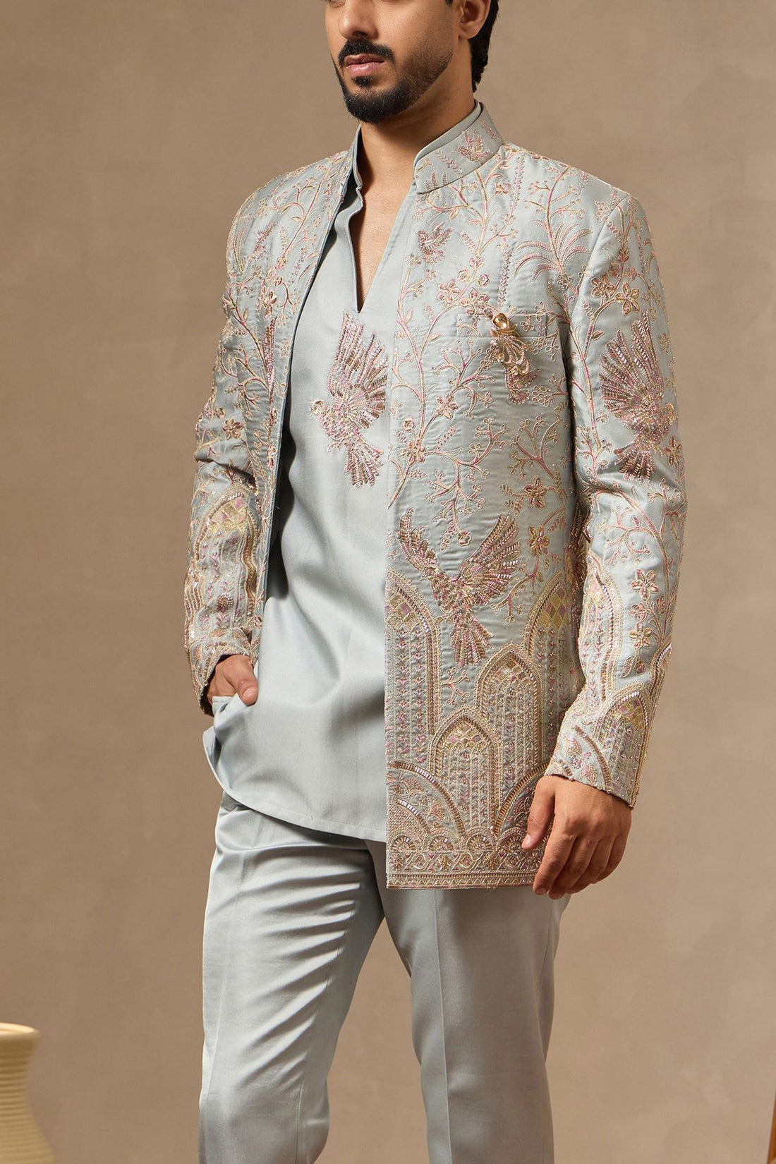 Sky Blue Four Piece Embroidered Ethnic Set for Men with Beaded Jacket, Short Kurta & Bootcut Trousers