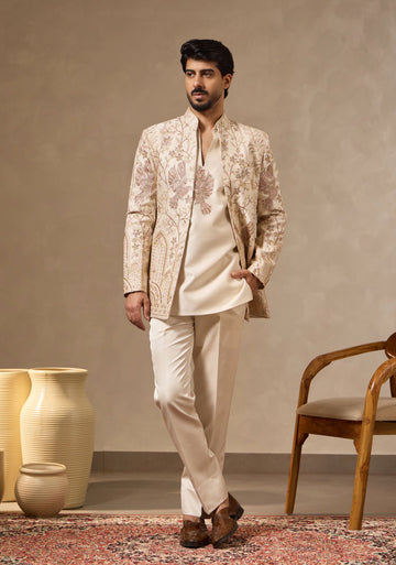 Ivory Four Piece Embroidered Ethnic Set for Men with Beaded Jacket, Short Kurta & Bootcut Trousers