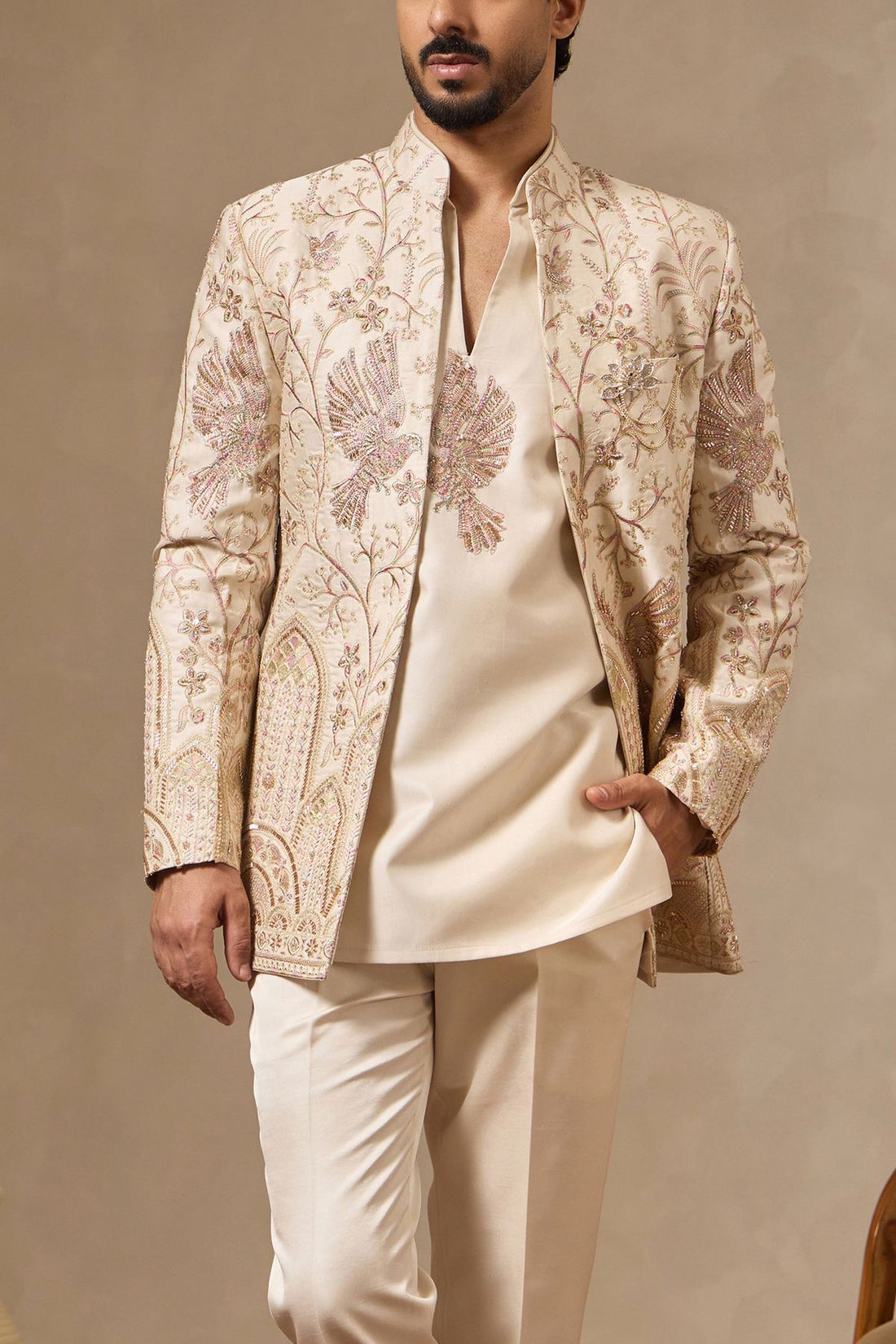 Ivory Four Piece Embroidered Ethnic Set for Men with Beaded Jacket, Short Kurta & Bootcut Trousers