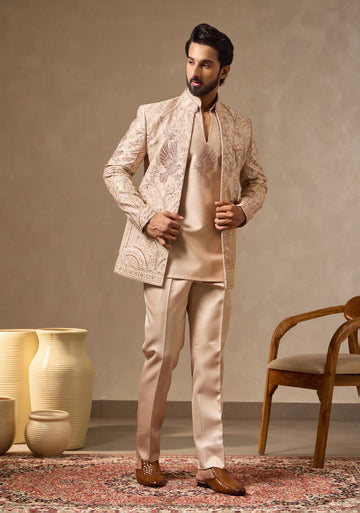 Beige Fawn Four Piece Embroidered Ethnic Set for Men with Beaded Jacket, Short Kurta & Bootcut Trousers