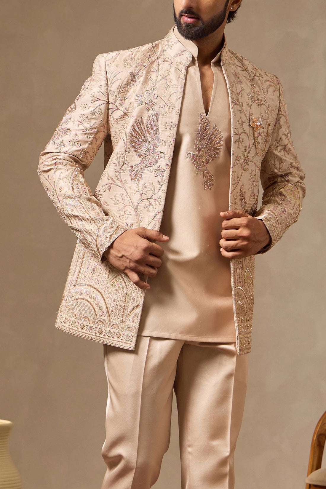 Beige Fawn Four Piece Embroidered Ethnic Set for Men with Beaded Jacket, Short Kurta & Bootcut Trousers