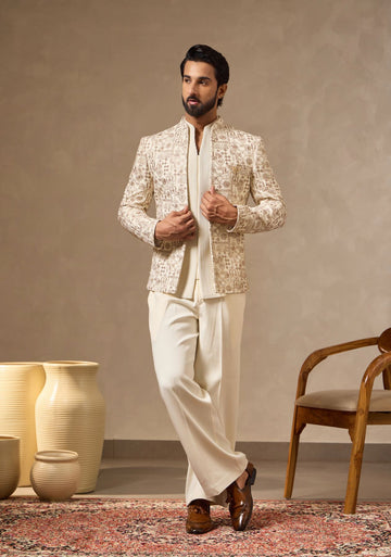 Ivory Cream Thread & Zari Embroidered Jacket Set for Men with Dori-piped Kurta & Korean Pants
