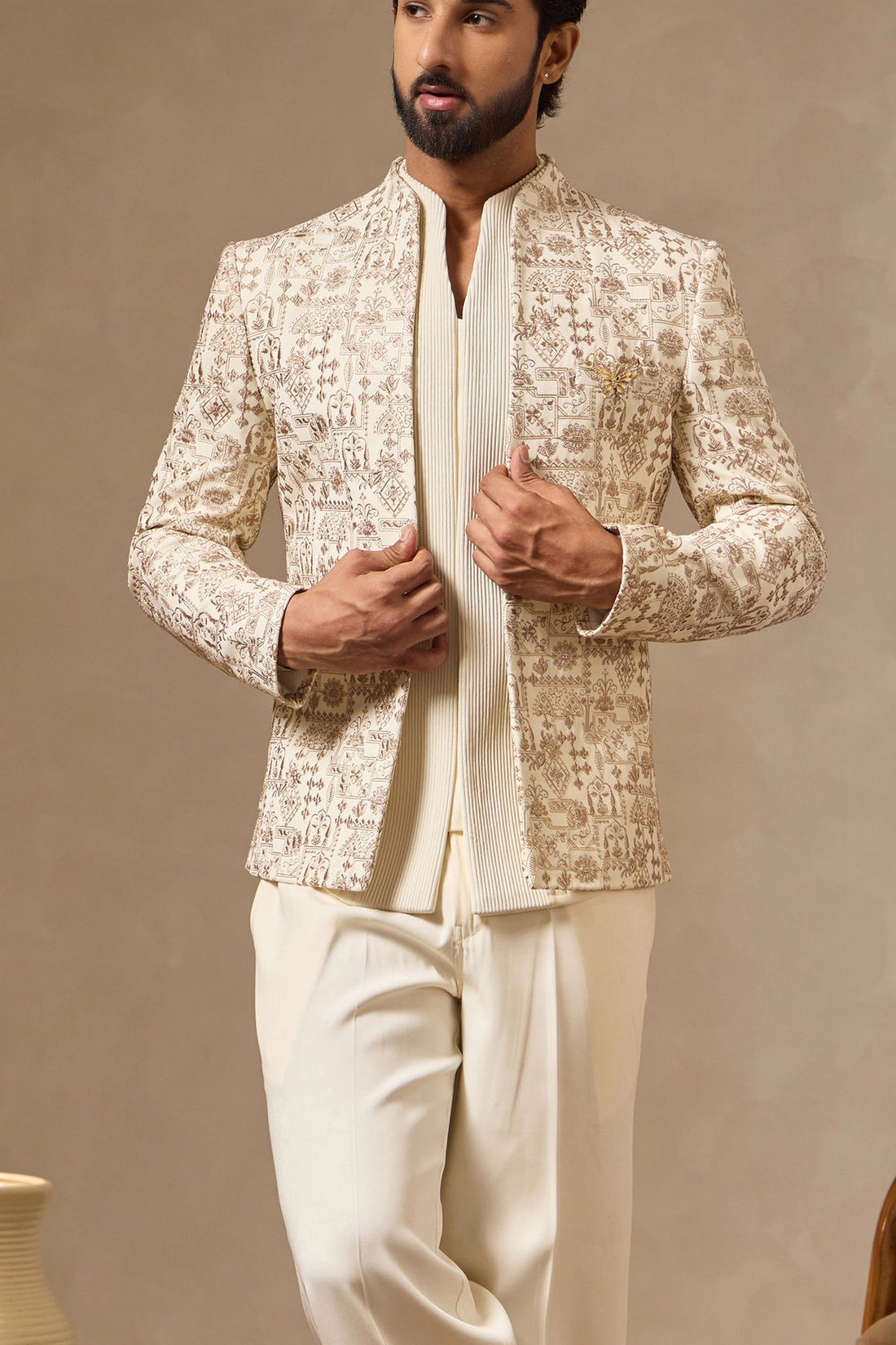 Ivory Cream Thread & Zari Embroidered Jacket Set for Men with Dori-piped Kurta & Korean Pants