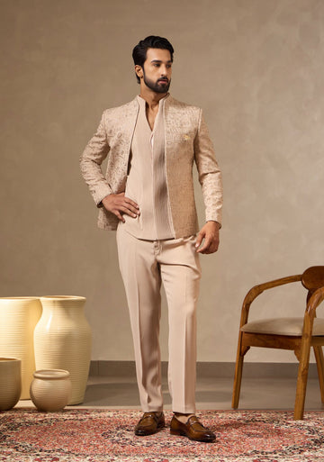 Beige Fawn Thread & Zari Embroidered Jacket Set for Men with Dori-piped Kurta & Formal Pants