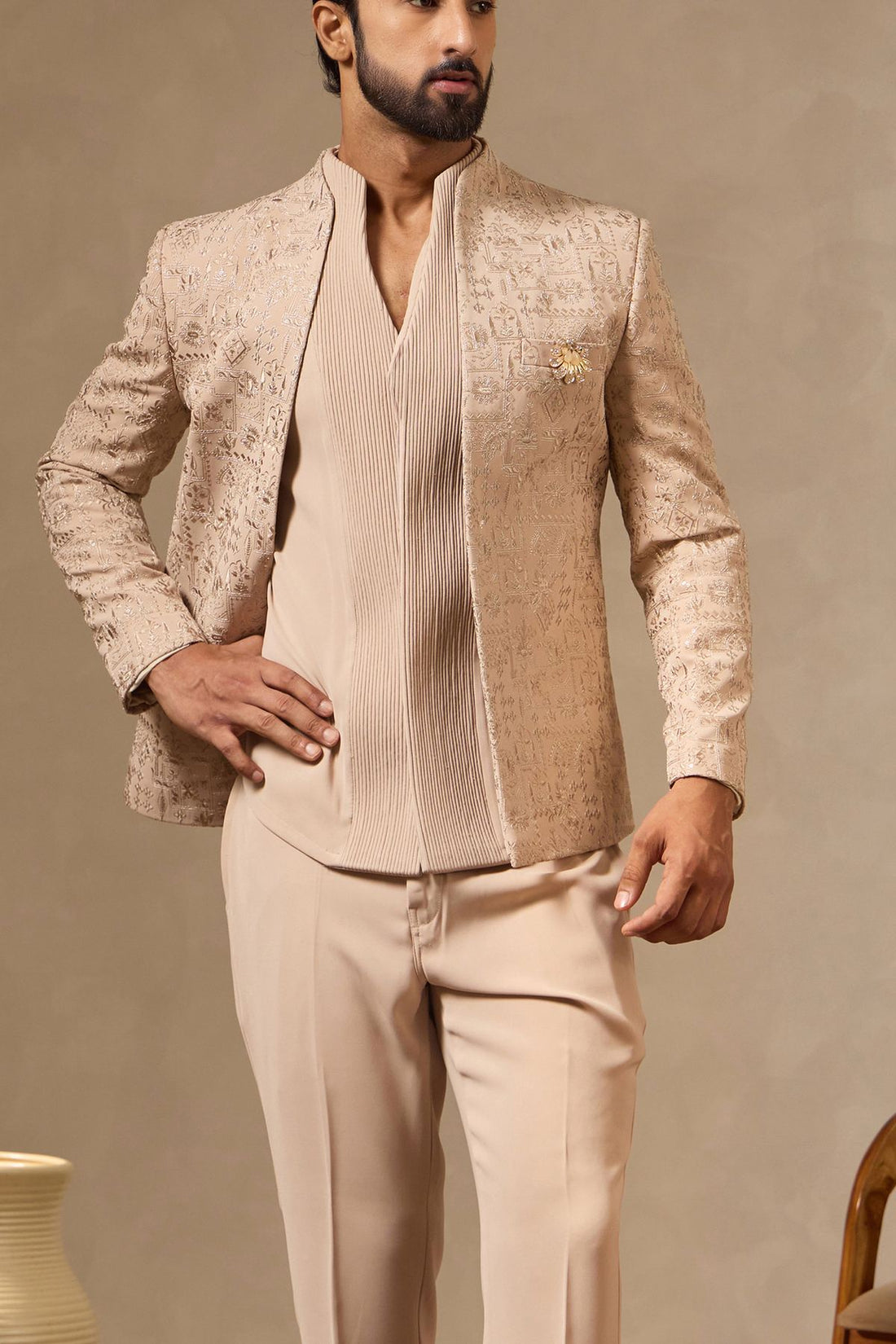 Beige Fawn Thread & Zari Embroidered Jacket Set for Men with Dori-piped Kurta & Formal Pants