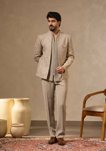 Pista Green Thread & Zari Embroidered Jacket Set for Men with Dori-piped Kurta & Formal Pants