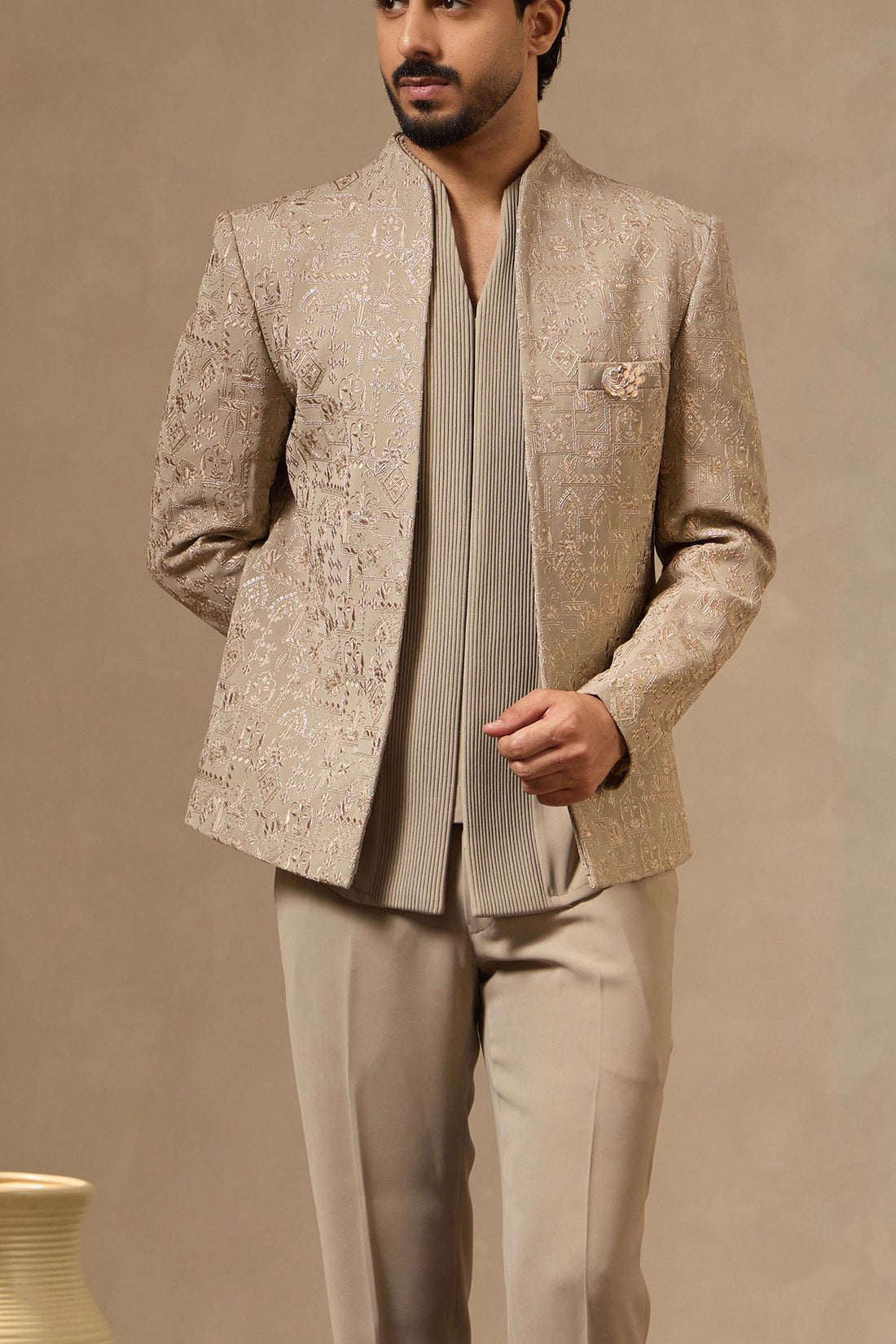 Pista Green Thread & Zari Embroidered Jacket Set for Men with Dori-piped Kurta & Formal Pants