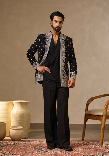 Black Embroidered Open-Front Jacket Set for Men with Shawl Collar Shirt