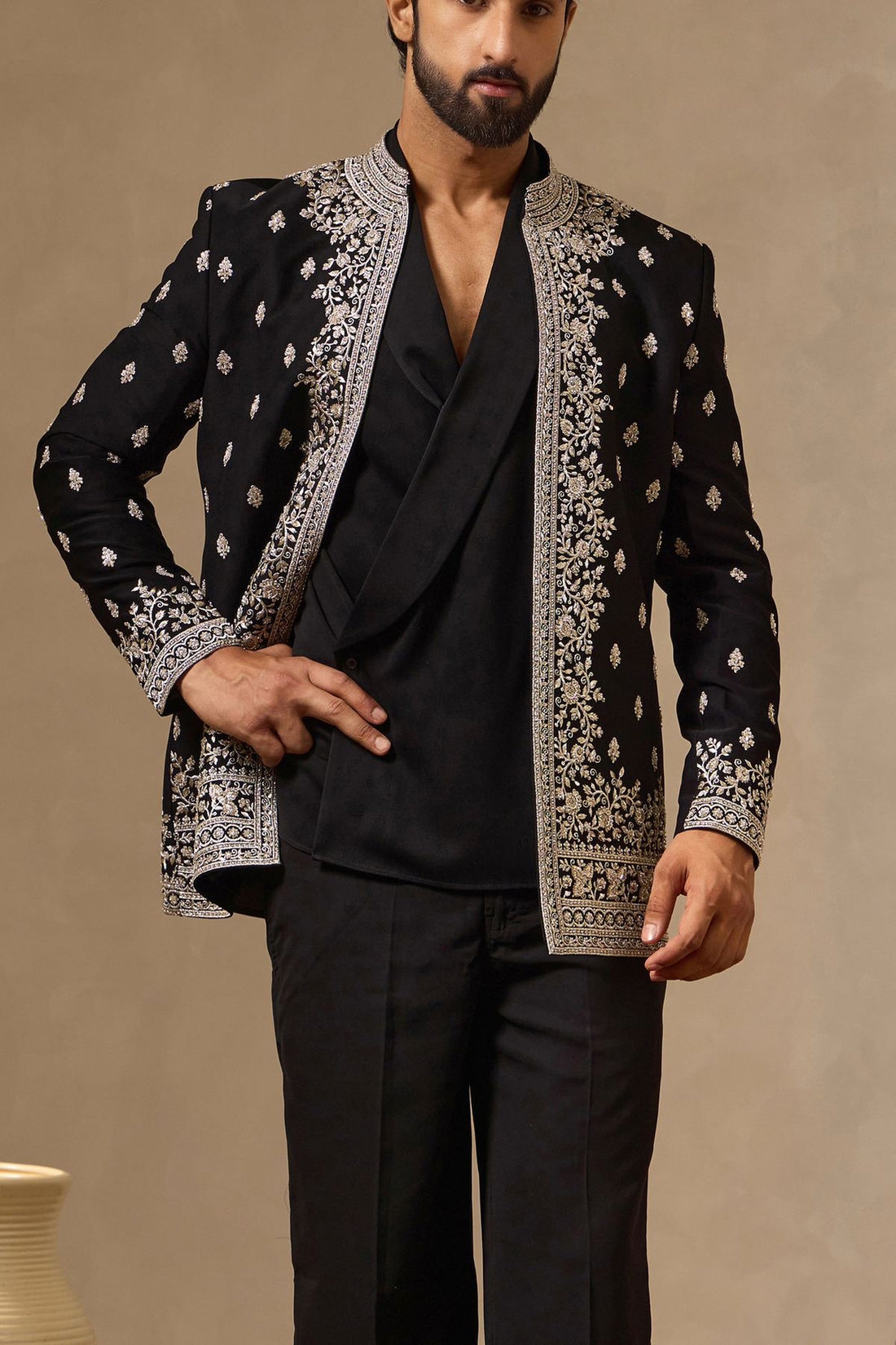 Black Embroidered Open-Front Jacket Set for Men with Shawl Collar Shirt