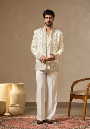 Ivory Embroidered Open-Front Jacket Set for Men with Shawl Collar Shirt