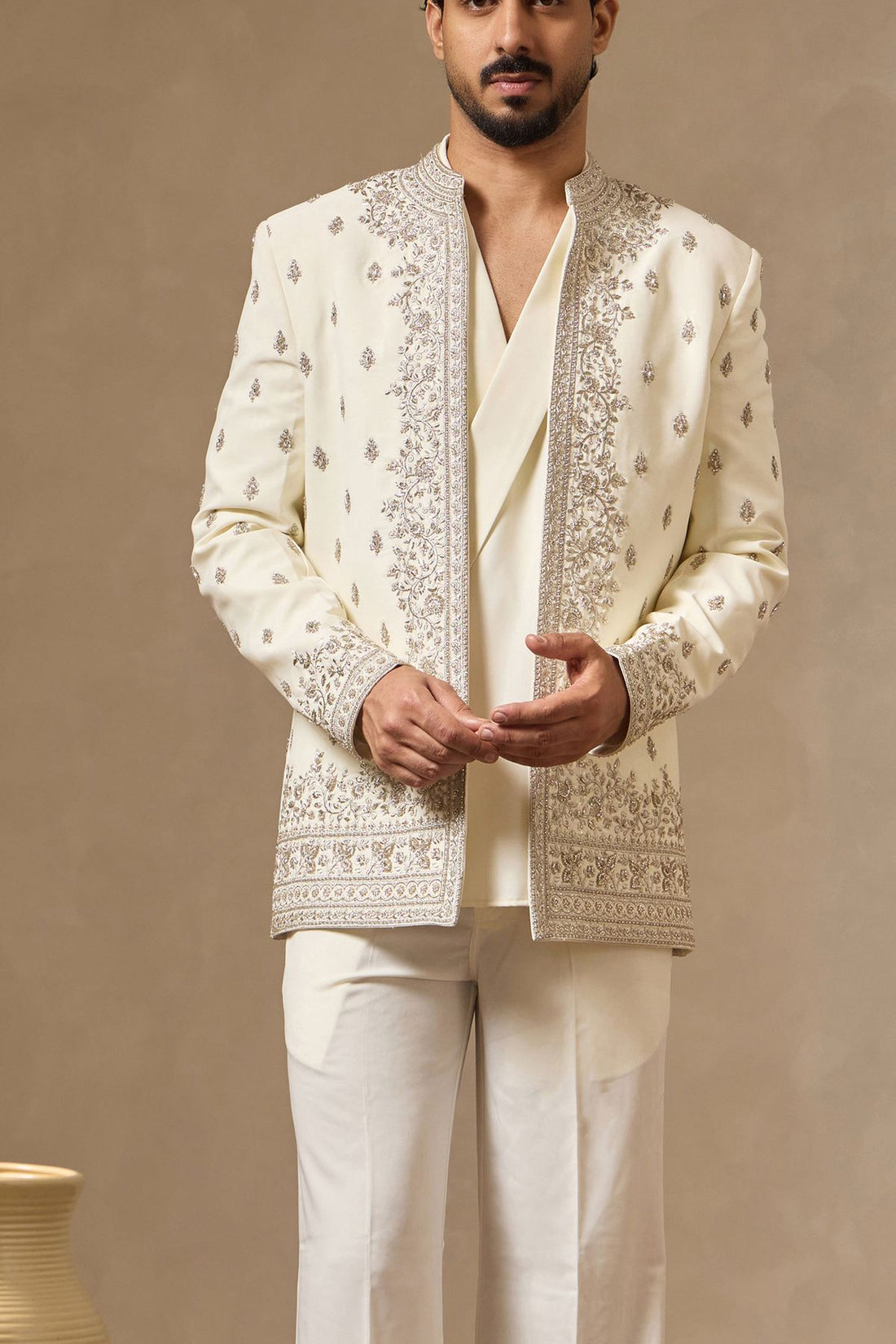 Ivory Embroidered Open-Front Jacket Set for Men with Shawl Collar Shirt