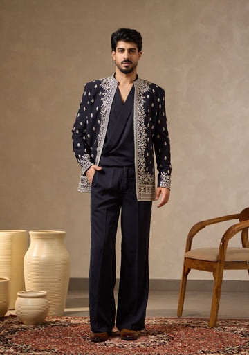 Navy Blue Embroidered Open-Front Jacket Set for Men with Shawl Collar Shirt