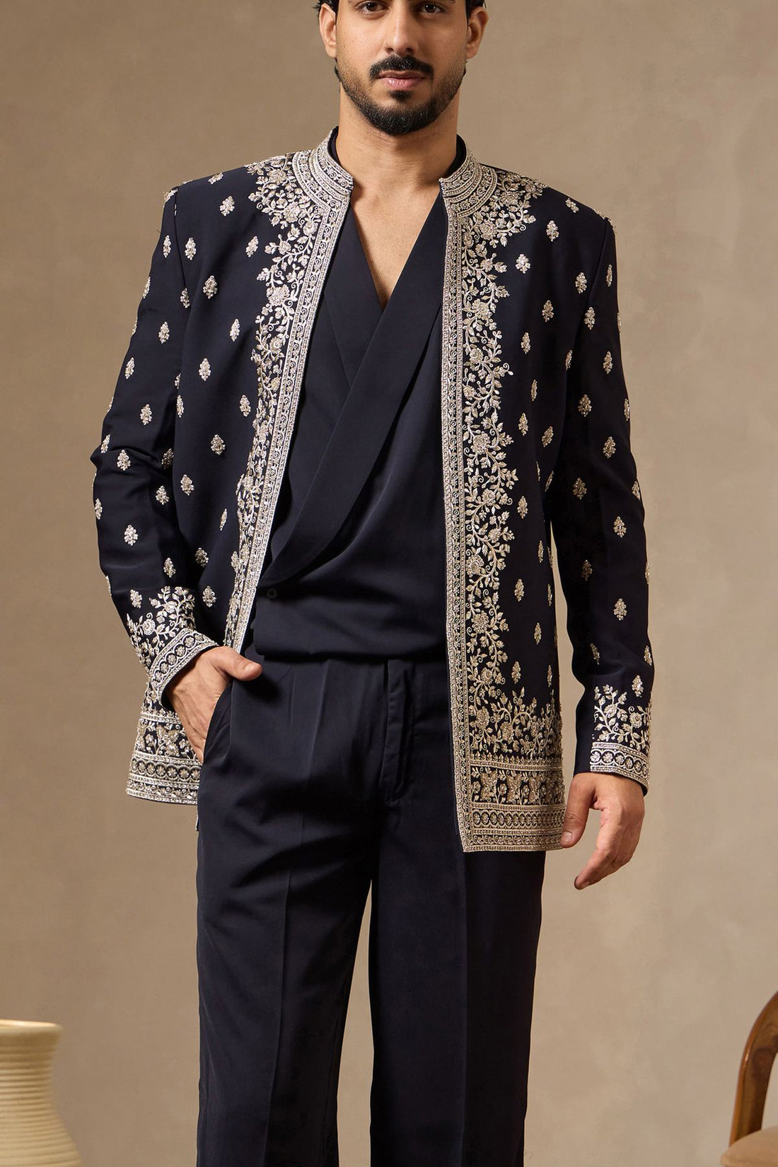 Navy Blue Embroidered Open-Front Jacket Set for Men with Shawl Collar Shirt