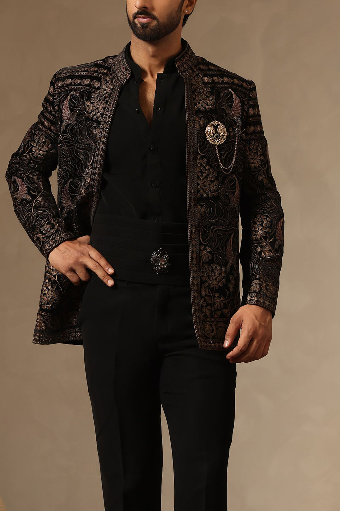 Midnight Noir: Thread and Zari Embroidered Jacket Set for Men with Pleated Kamarbandh