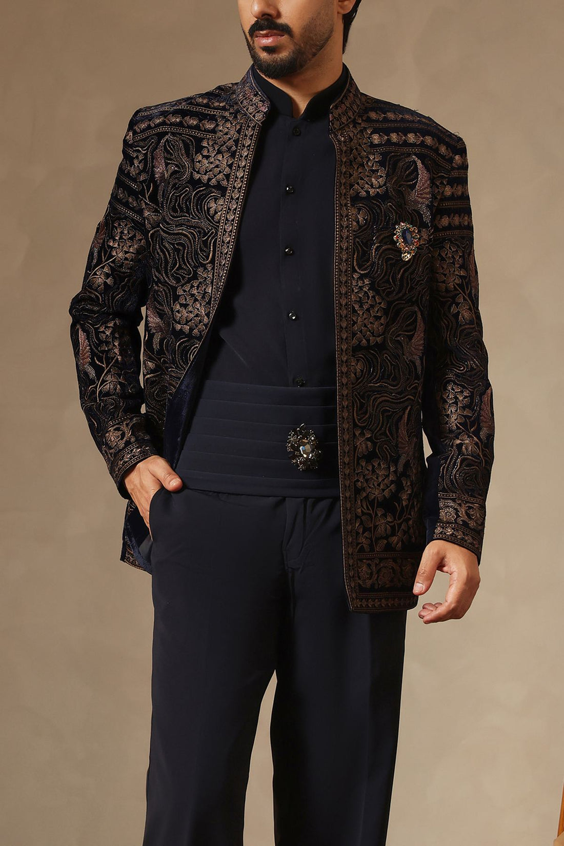 Midnight Blue: Thread and Zari Embroidered Jacket Set for Men with Pleated Kamarbandh
