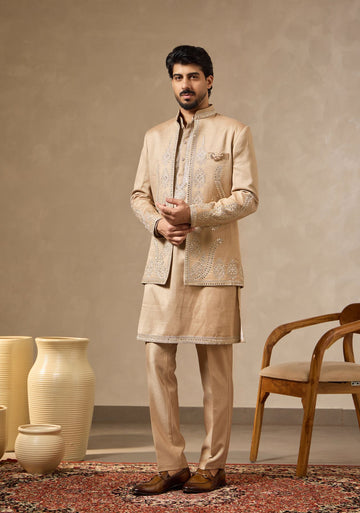 Beige Fawn Luxe: Zari & Mirror-Embroidered Long Jacket Kurta Set for Men