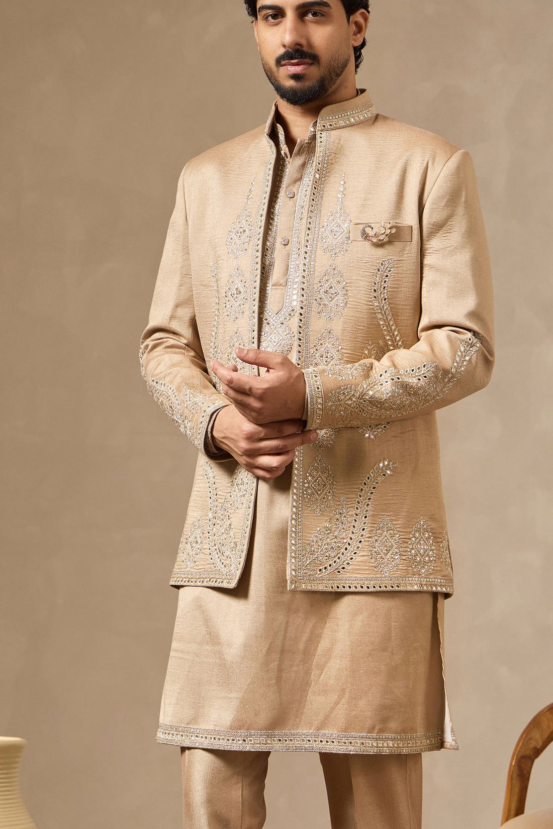 Beige Fawn Luxe: Zari & Mirror-Embroidered Long Jacket Kurta Set for Men