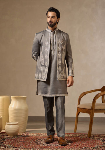 Greyish Green Luxe: Zari & Mirror-Embroidered Long Jacket Kurta Set for Men