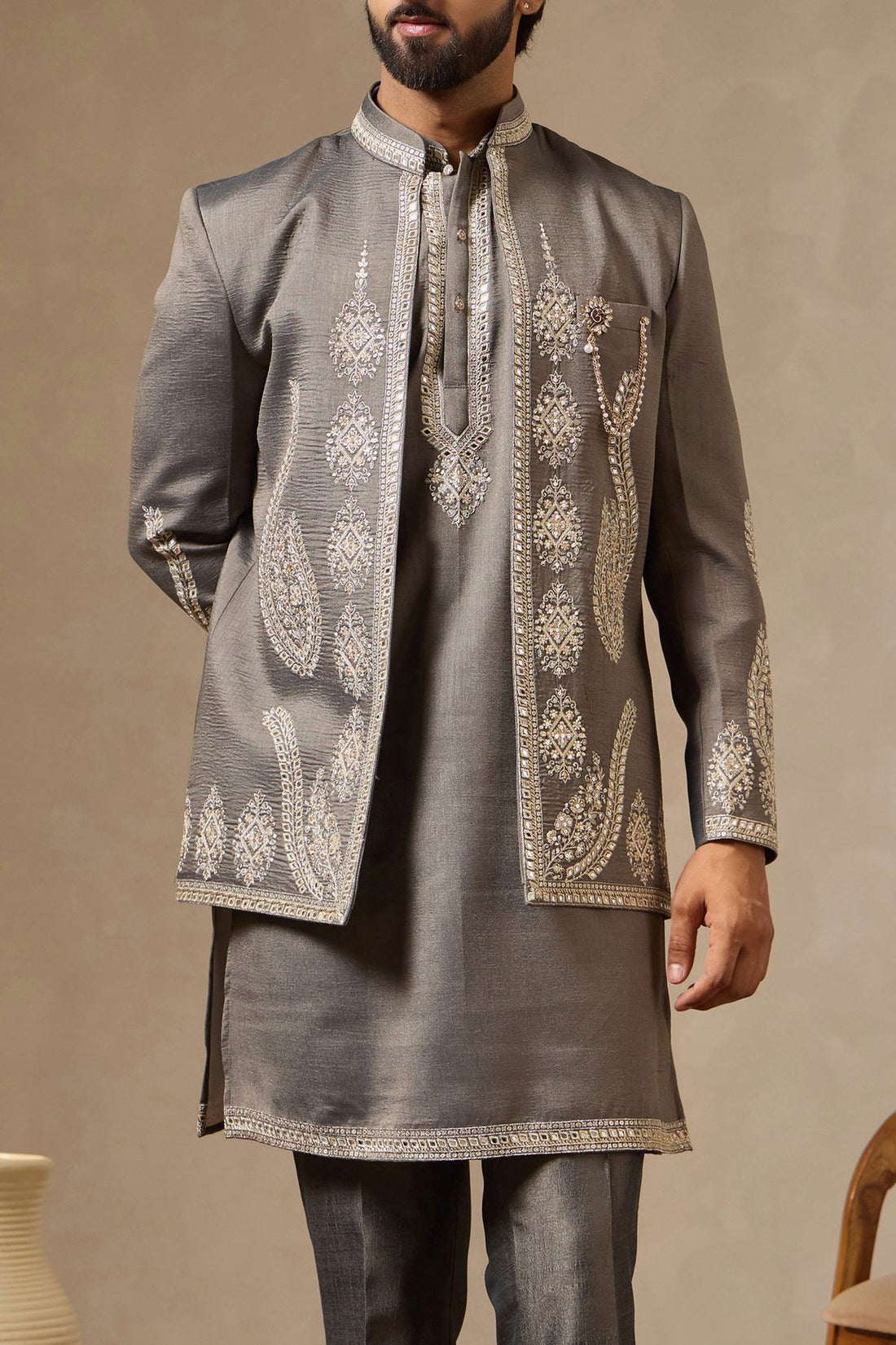 Greyish Green Luxe: Zari & Mirror-Embroidered Long Jacket Kurta Set for Men