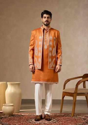 Saffron Luxe: Zari & Mirror-Embroidered Long Jacket Kurta Set for Men