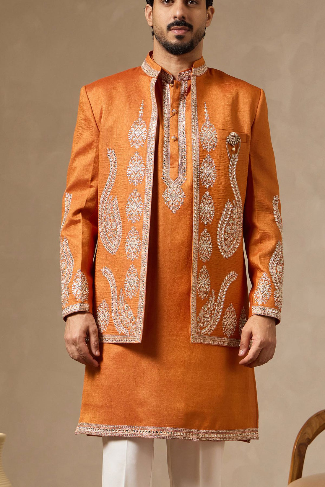 Saffron Luxe: Zari & Mirror-Embroidered Long Jacket Kurta Set for Men