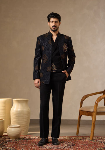 Noir Royale: Embroidered Front-Open Jacket Set for Groom with Draped Shirt & Kamarbandh