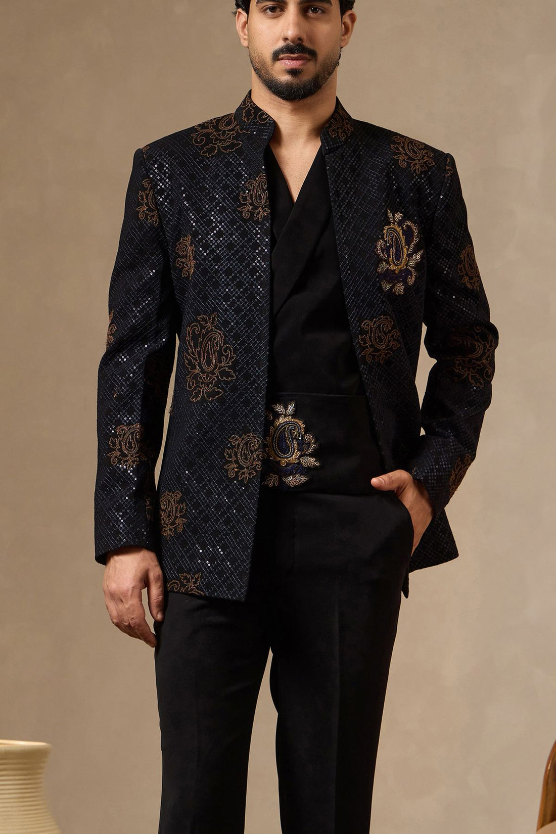 Noir Royale: Embroidered Front-Open Jacket Set for Groom with Draped Shirt & Kamarbandh