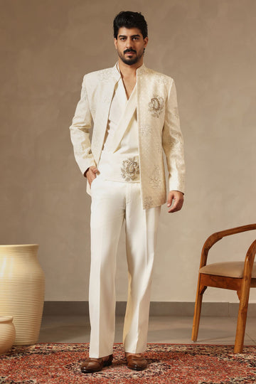 The Ivory Edit: Embroidered Front-Open Jacket Set for Groom with Draped Shirt & Kamarbandh