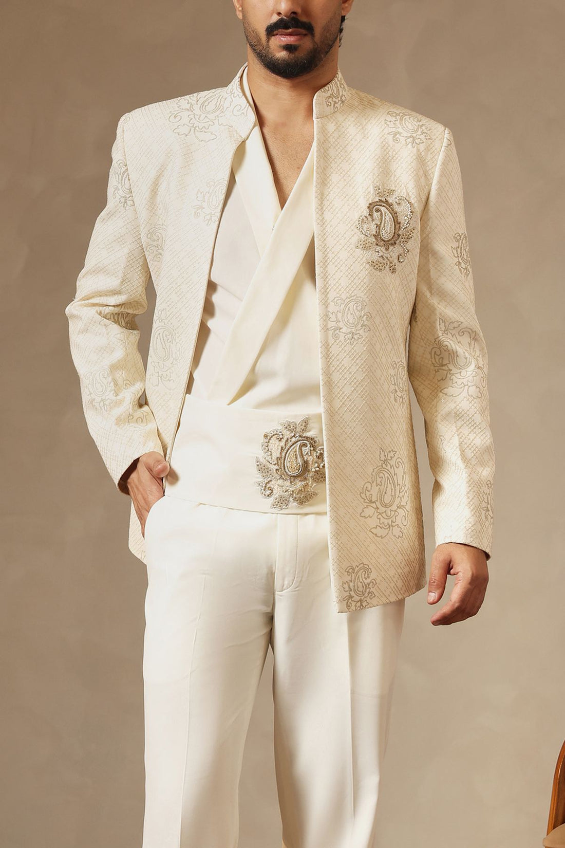 The Ivory Edit: Embroidered Front-Open Jacket Set for Groom with Draped Shirt & Kamarbandh