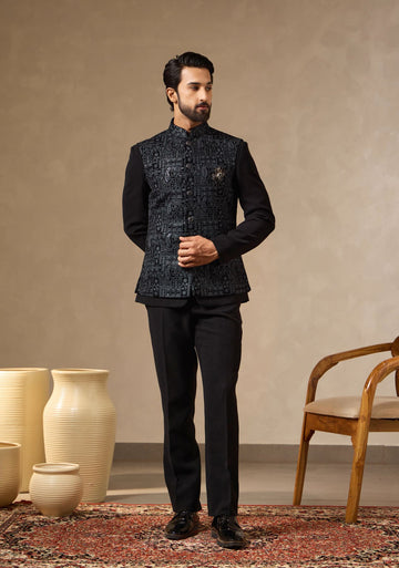 Black Safari Suit with Embroidered Waistcoat & Brooch for Men | Laromani
