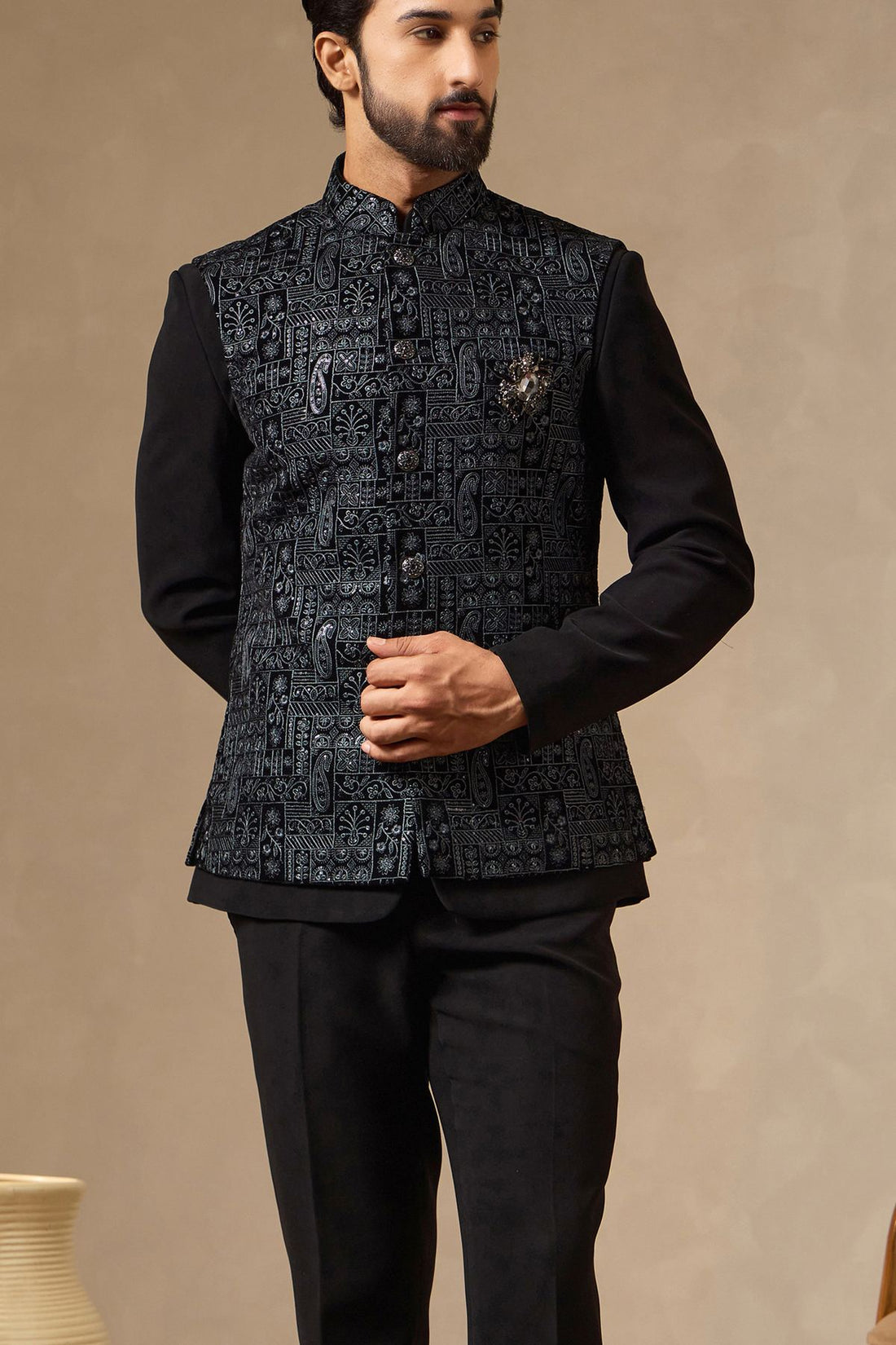 Black Safari Suit with Embroidered Waistcoat & Brooch for Men | Laromani