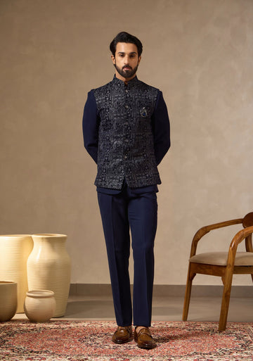 Navy Blue Safari Suit with Embroidered Waistcoat & Brooch for Men | Laromani