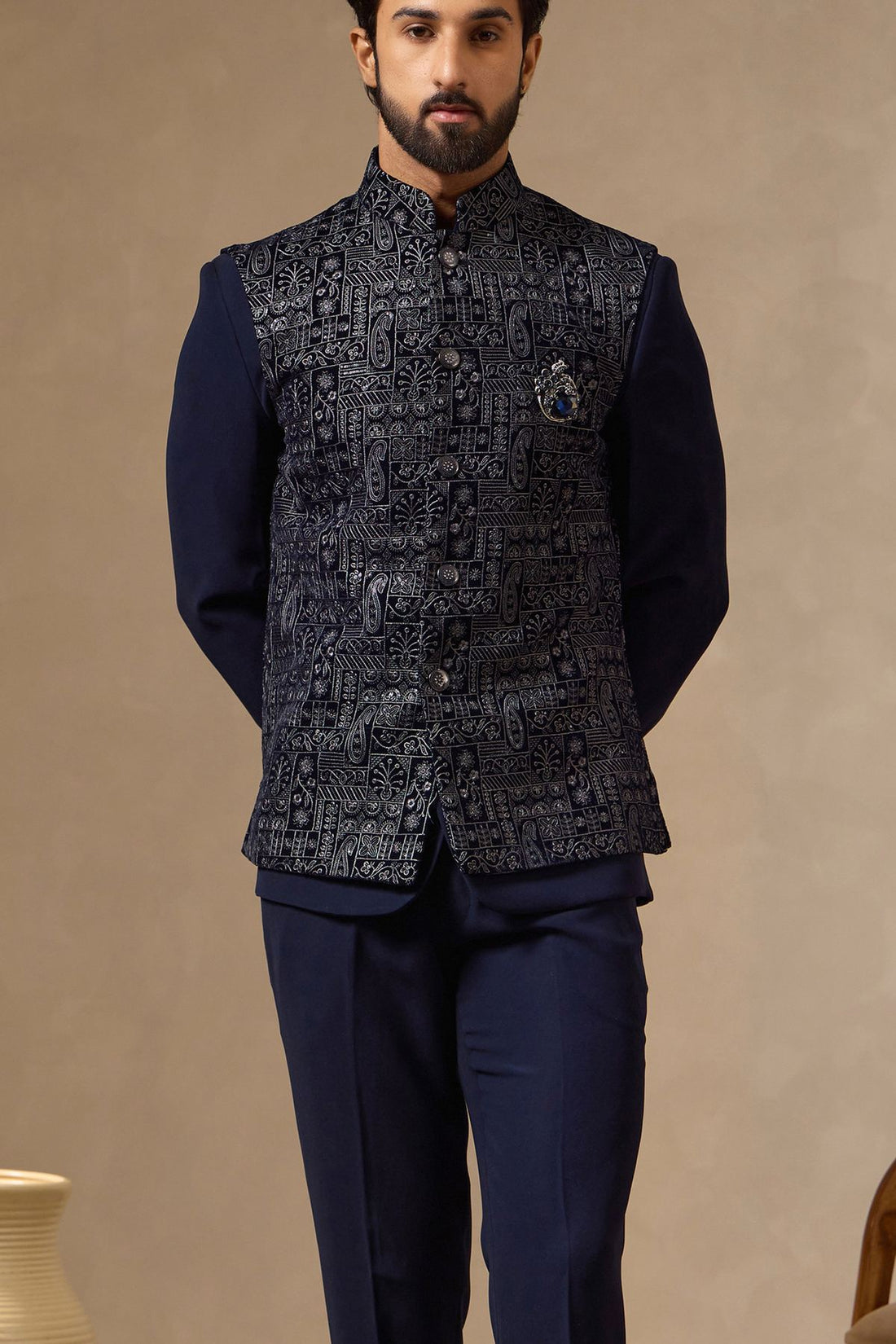 Navy Blue Safari Suit with Embroidered Waistcoat & Brooch for Men | Laromani