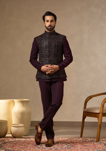 Wine Safari Suit with Embroidered Waistcoat & Brooch for Men | Laromani