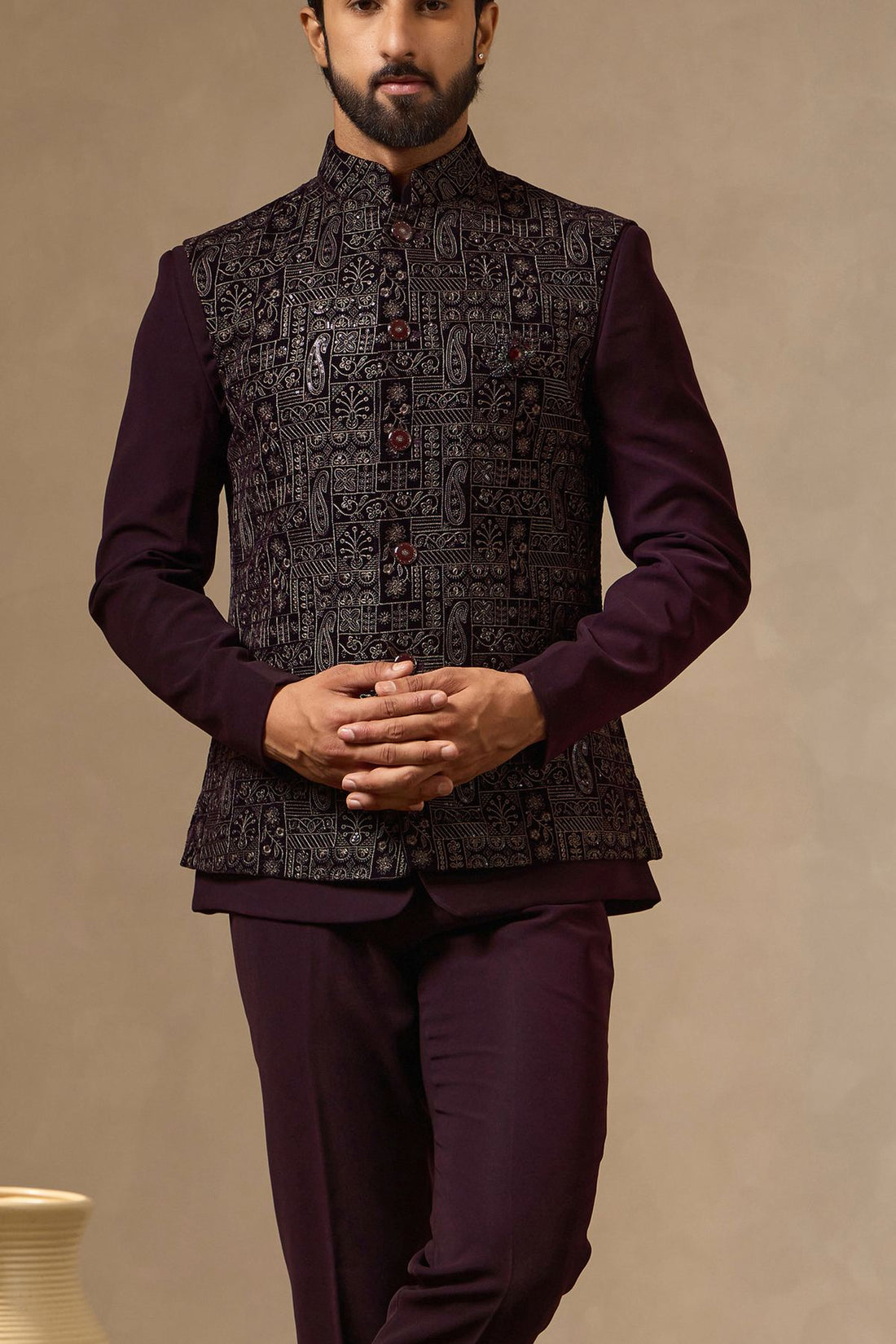 Wine Safari Suit with Embroidered Waistcoat & Brooch for Men | Laromani