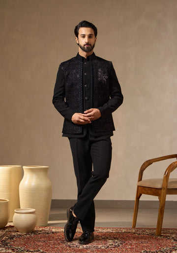 Black Safari Suit with Embroidered Front-Open Waistcoat & Stone Work Motif