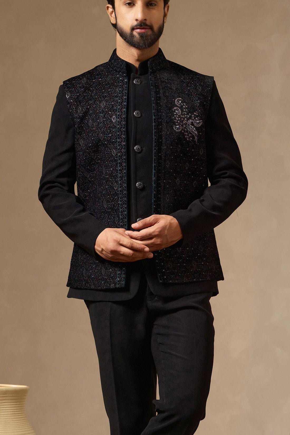 Black Safari Suit with Embroidered Front-Open Waistcoat & Stone Work Motif