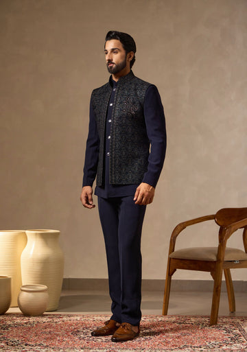 Navy Blue Safari Suit with Embroidered Front-Open Waistcoat & Stone Work Motif