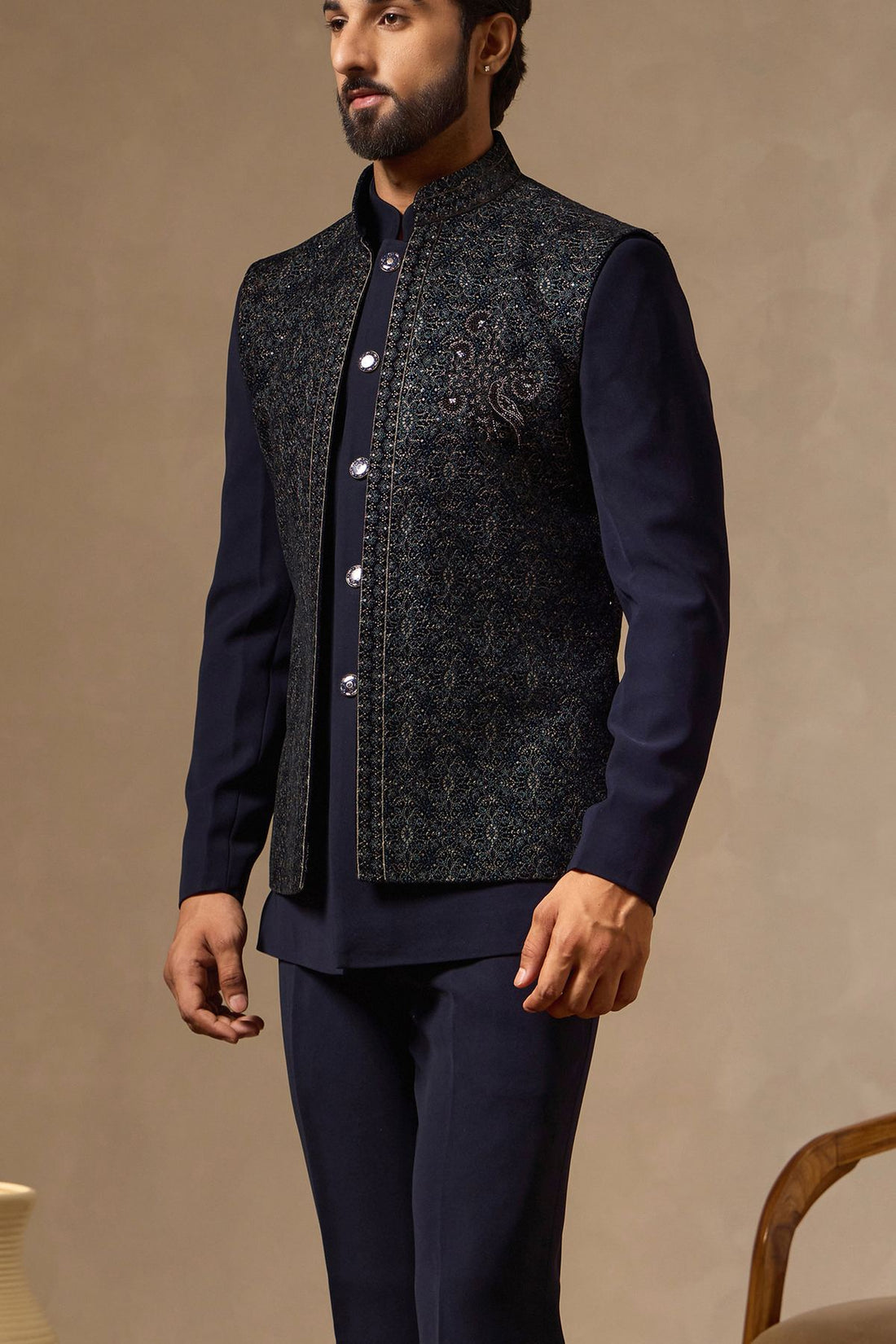 Navy Blue Safari Suit with Embroidered Front-Open Waistcoat & Stone Work Motif
