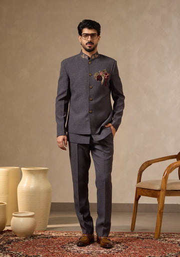 Grey Pure Linen Safari Suit with Parrot Motif Embroidered Waist Coat | Laromani